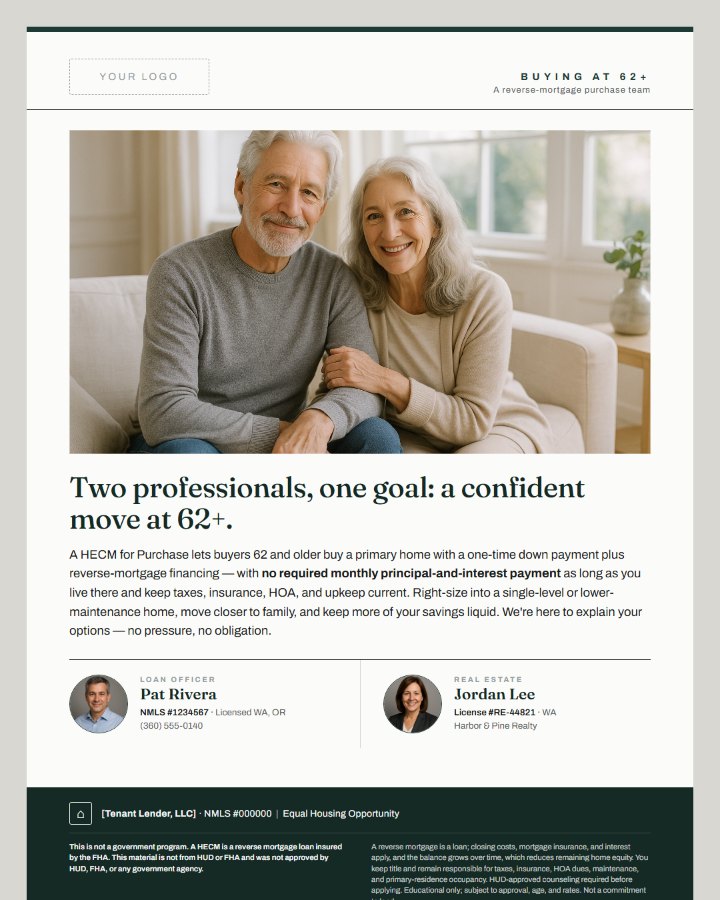 A co-branded HECM-for-Purchase flyer generated in ORA's Asset Studio — pairing the loan officer with a real-estate partner, on the LO's brand, with full compliance disclosures (shown with sample data).