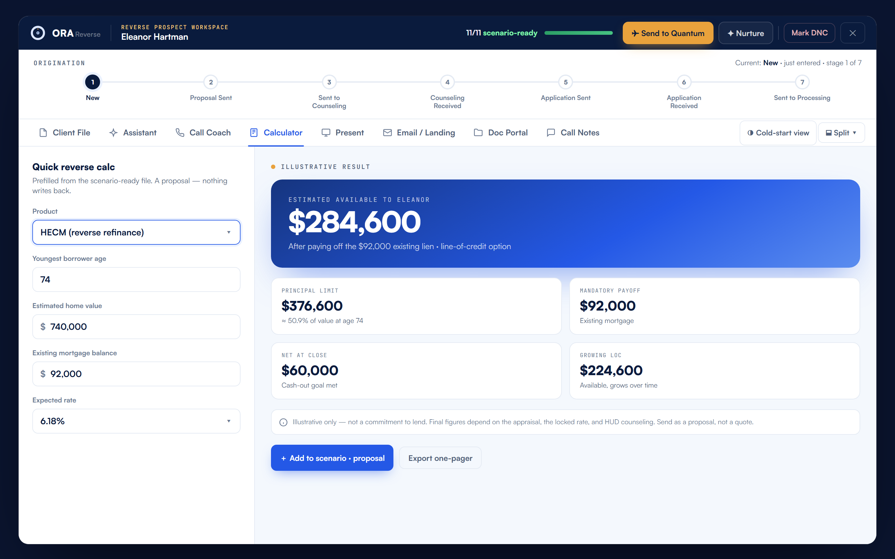 ORA reverse-mortgage calculator — a HUD-aligned quick calc with an illustrative available-funds estimate (shown with sample data).